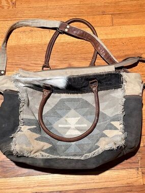 Neutral Gray & Brown Canvas-Accent Fringe Myra Bag